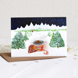 Kerstkaart kampvuur in de sneeuw