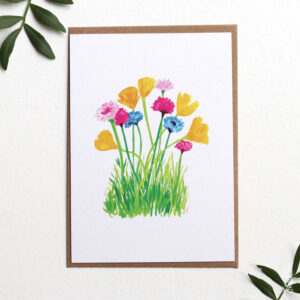 Kaart roze en gele veldbloemen