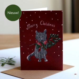 Kerstkaart hondje met kersttak