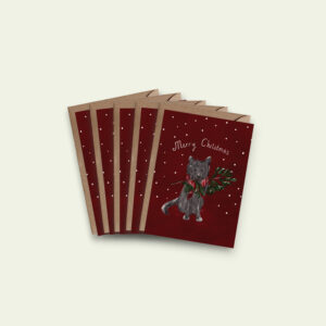 Kerstkaarten set – hondje met kersttak (5 stuks, gevouwen)