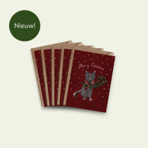 Kerstkaarten set – hondje met kersttak (5 of 10 stuks, gevouwen)